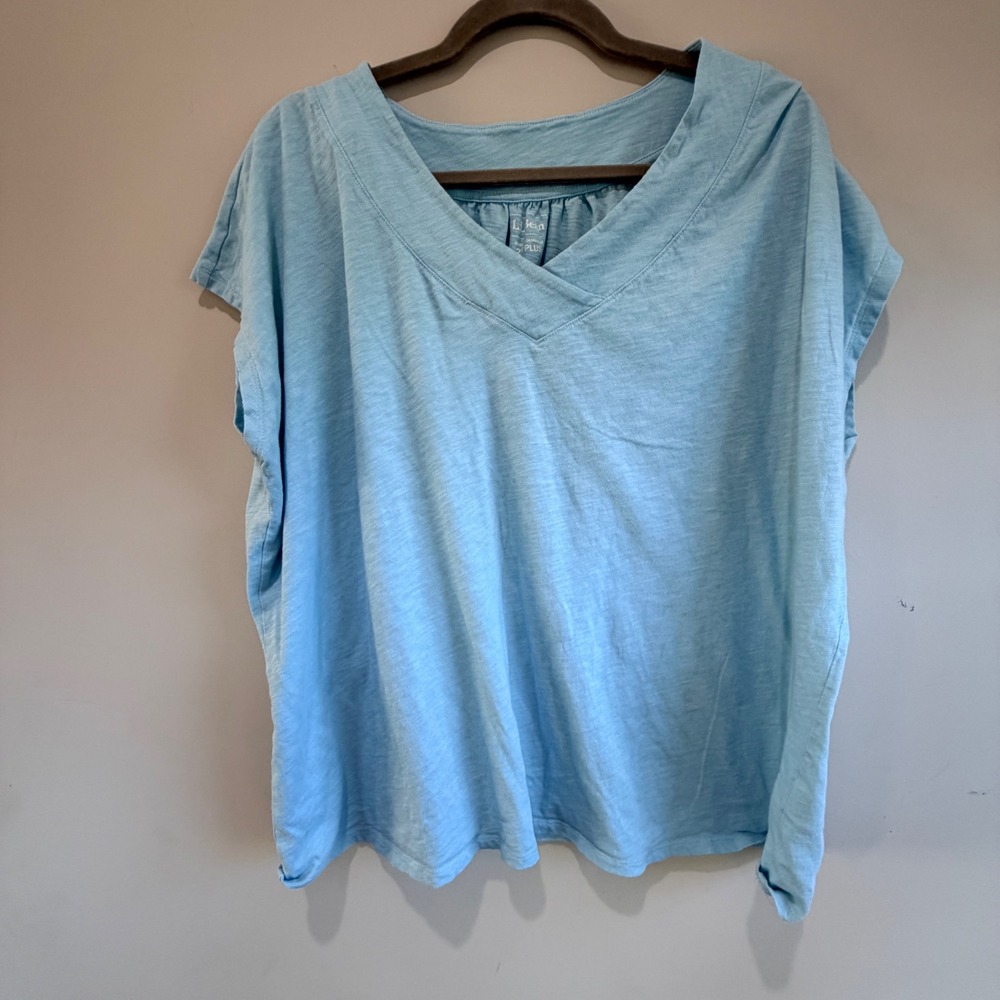 LLBean V Neck Slub Knit Tee Women 2X Blue Organic Cotton Stretch Granola Indie